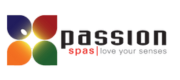 Logo of Passion Spot featuring a four-colored abstract design on the left and the text "passion spot love your senses" on the right, reminiscent of intricate designs often seen with pool builders.
